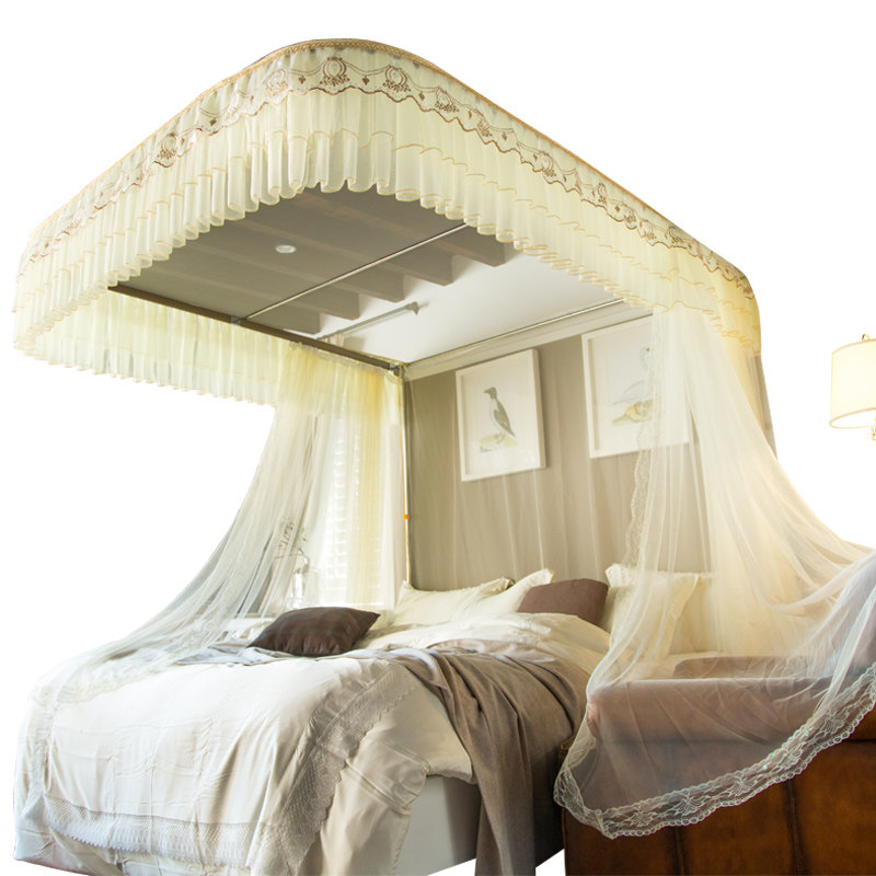 新款拉绳导轨蚊帐加密加厚u型滑轨道1.8m床双人家用支架固定1.5米