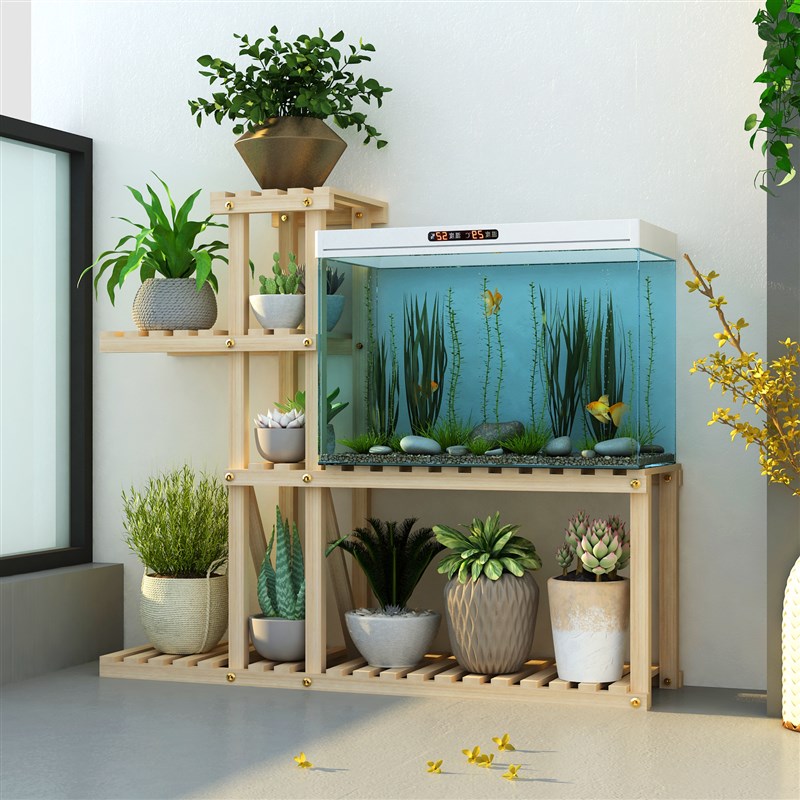 花架子客厅落地式防腐实木2024新款鱼缸植物盆景架飘窗置物摆放架