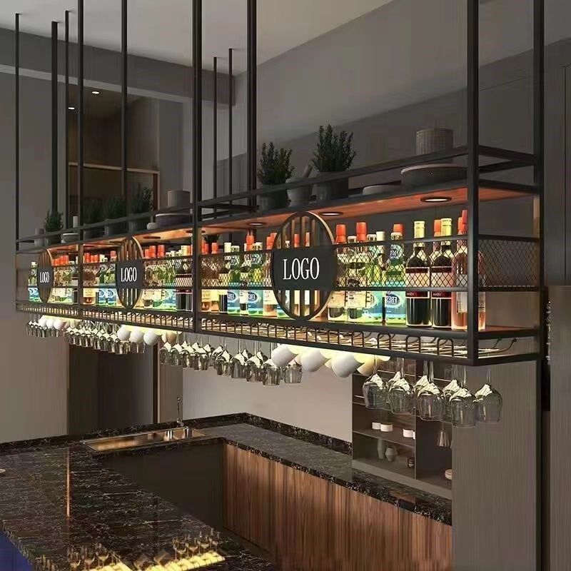 酒吧吧台吊柜一体吊架铁艺悬挂式吊架悬挂式酒架餐厅展示倒挂酒架