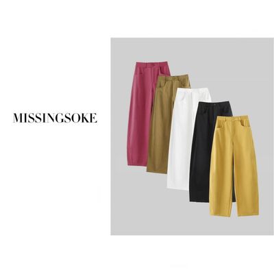 百分百棉廓形百搭高腰弯刀阔腿裤-6080