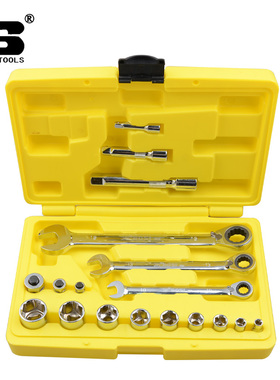 波斯工具18件双向棘轮两用扳手套筒组套快扳套筒接杆BS401418