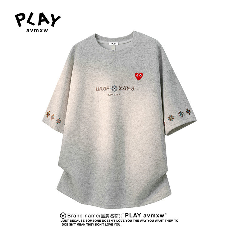 PLAYAVMXW官方美式复古刺绣短袖T恤男女情侣款潮牌字母印花上衣潮