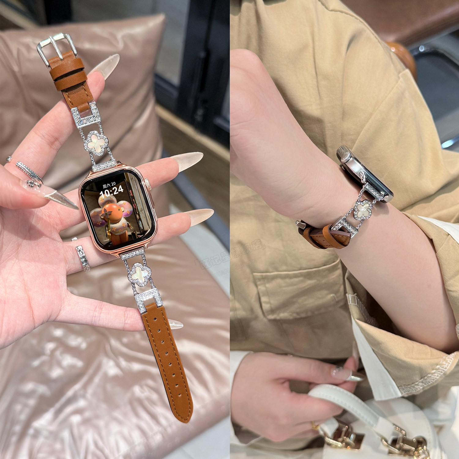 【四叶草闪钻】适用华为FIT4表带FIT3手表智能WatchFIT4金属镶钻拼皮FIT4pro女款创意FIT2小众高级感秋冬新款