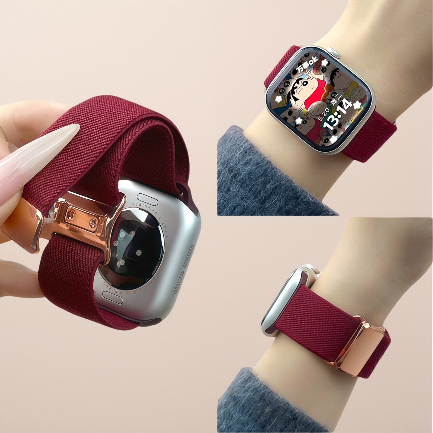 适用苹果S11手表iwatch9表带applewatch8红色平纹尼龙编织S10秋冬新款磁吸S8男款运动腕带智能se3高级感女款