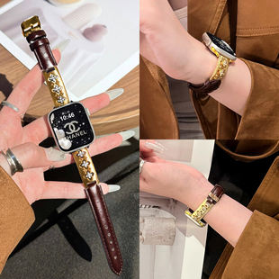 适用苹果S11手表表带Apple WatchS10布契拉提拼真皮替换带S9高级感S8秋冬女款S7创意小众SE腕带S6原装轻奢感