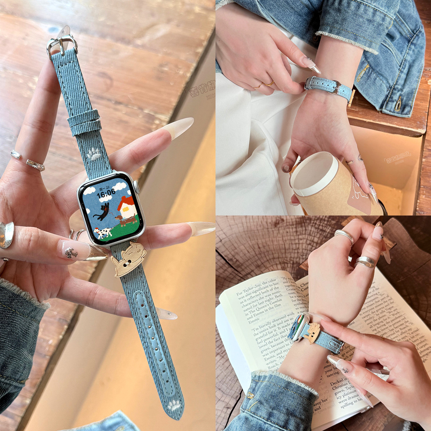【牛仔纽扣猫】适用苹果手表表带iWatchS11牛仔布猫咪扣AppleWatch表带S10新款Ultra3高级感SES9秋冬S8女款