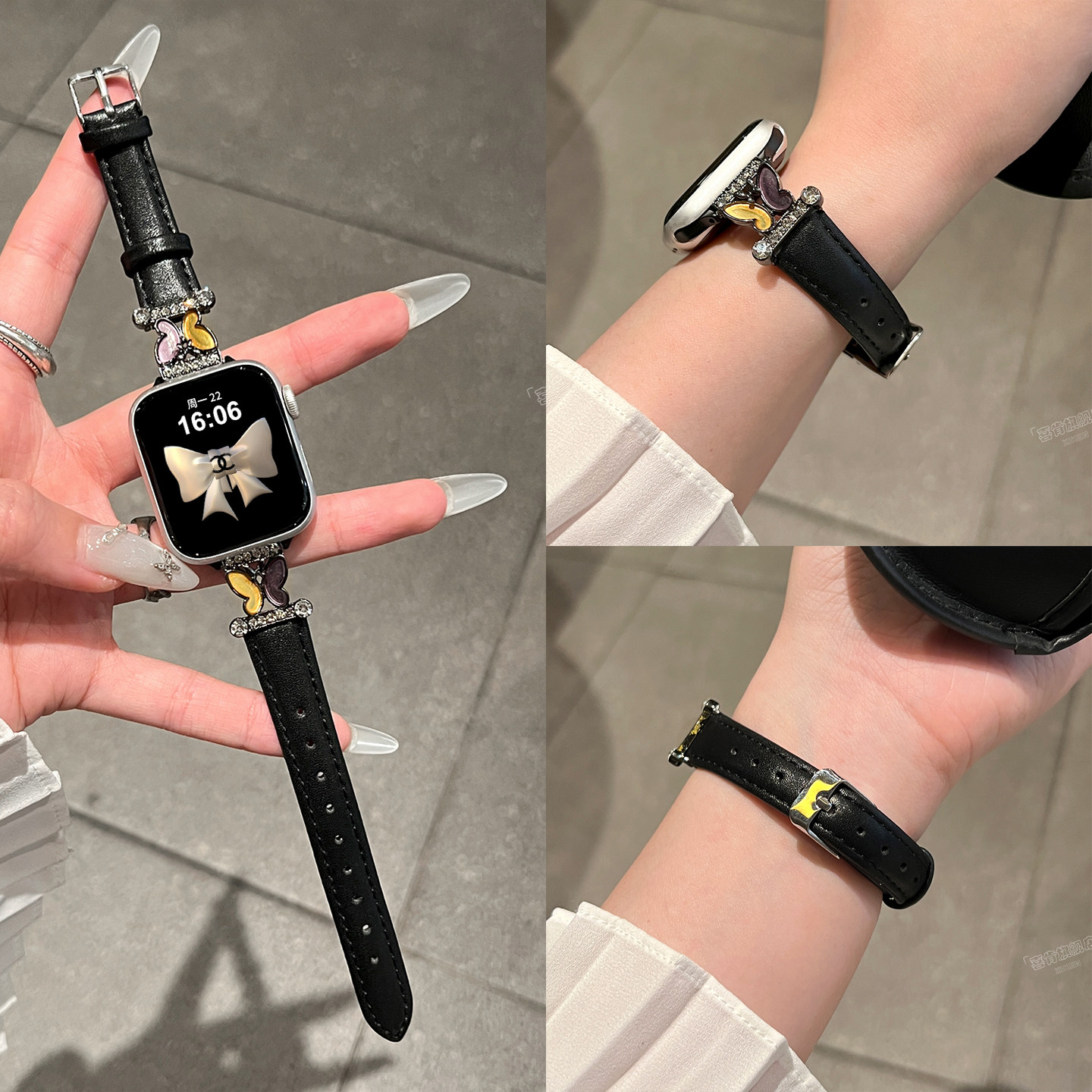 【缤纷蝴蝶】适用S11苹果表带Apple Watch手表腕带S10智能替换带真皮质S9创意S8秋冬女款S7秋冬高级感S6镶钻