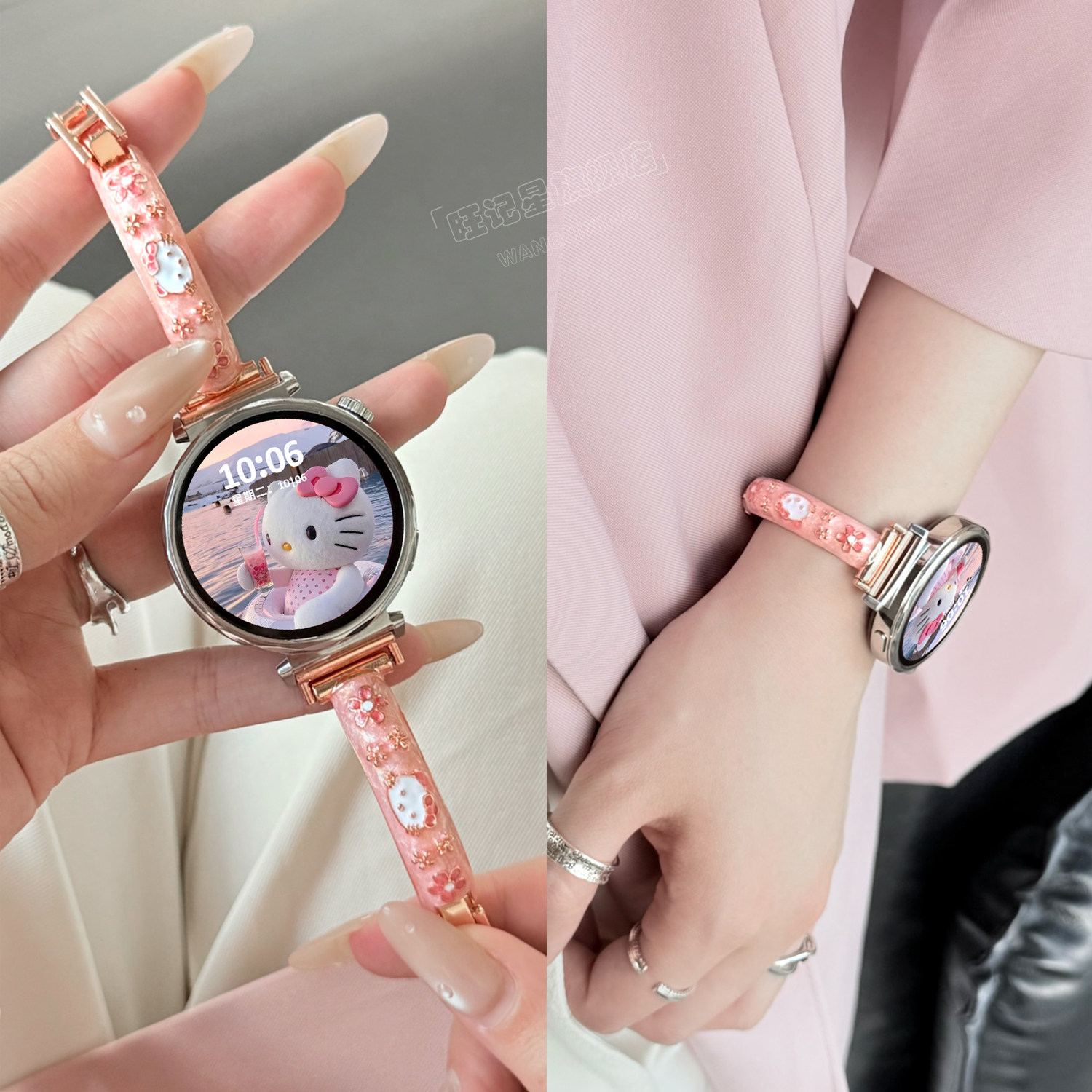 适用华为gt6表带新款手镯gt5腕带Kitty猫咪浮雕gt5pro创意猫咪手镯watch5/4手表带gt3女款gt2高级41mm夏季