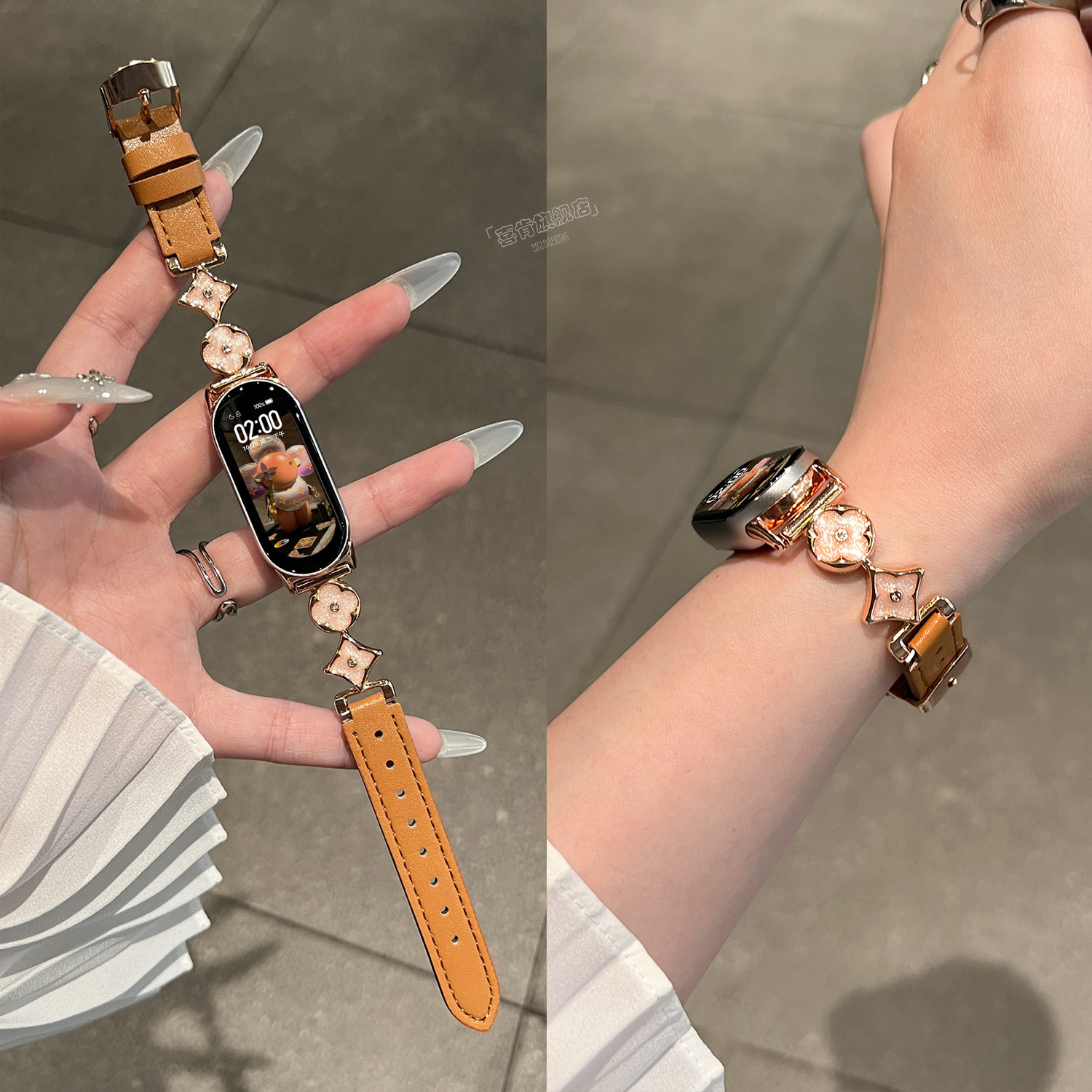 【四叶花】适用小米手环10表带9腕带8手表带7腕表6替换5高级感4流沙四叶花拼真皮质3智能2小众女九代秋冬女款