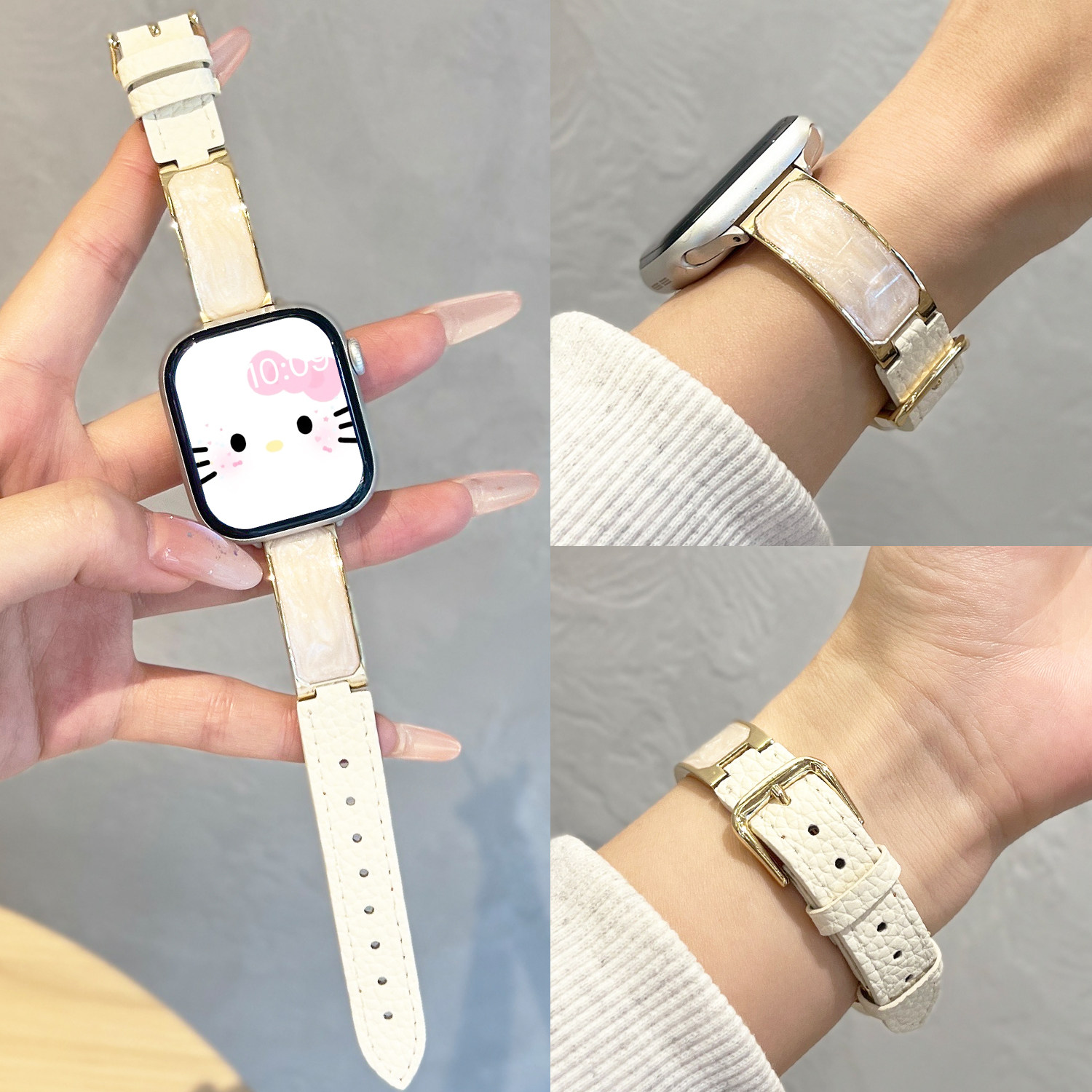 【鎏金手镯】适用苹果手表表带S11腕带applewatch10鎏金手镯拼荔枝纹s9皮质女SE3高级感春夏时尚小众手表带