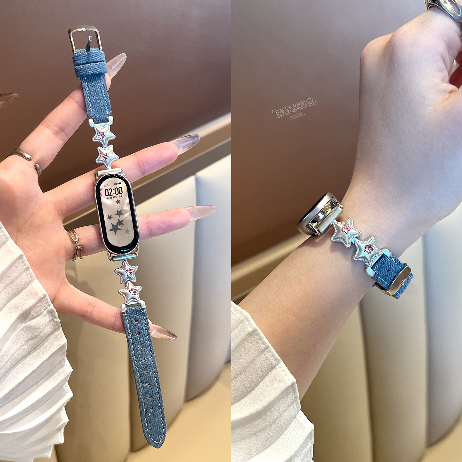 【星星彩钻】适用小米手环10表带手环9腕带高级感8金属星星镶钻拼皮小众女腕表带智能运动新款xiaomi十代秋冬