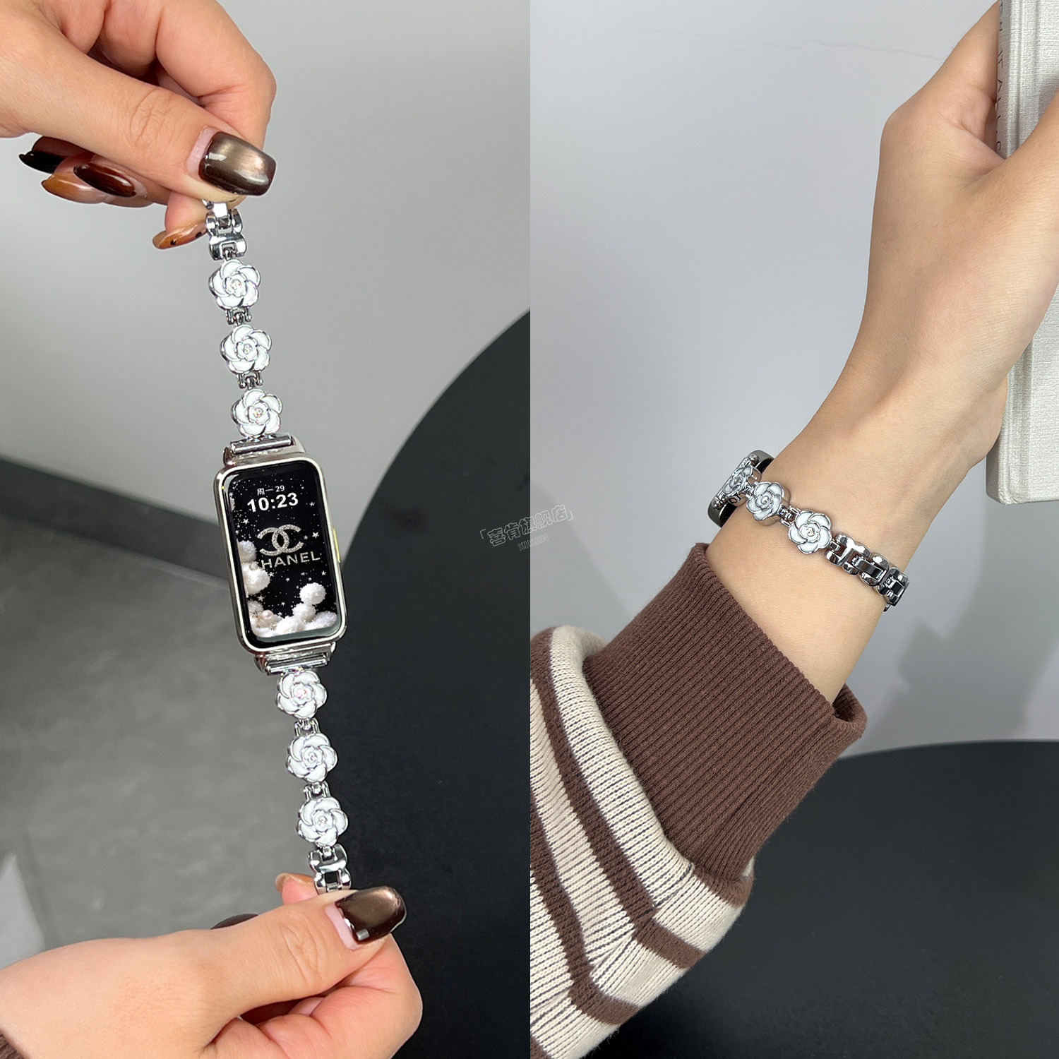 适用华为手环手环10表带手环9腕带8鎏金山茶花链式快拆表带新款智能nfc小众女款高级感华为九十代替换配件带