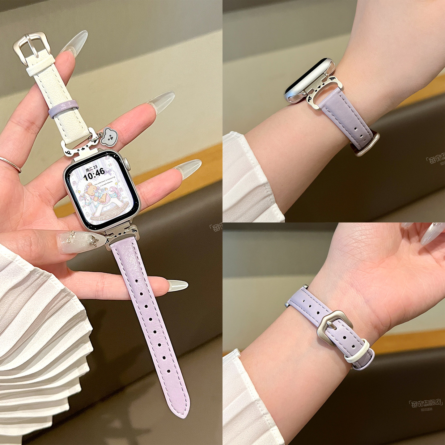 【小熊拼色挂坠】适用S11苹果表带AppleWatch手表S10金属拼真皮质S9可爱小熊S8秋冬女款S7创意秋冬SE腕带42mm