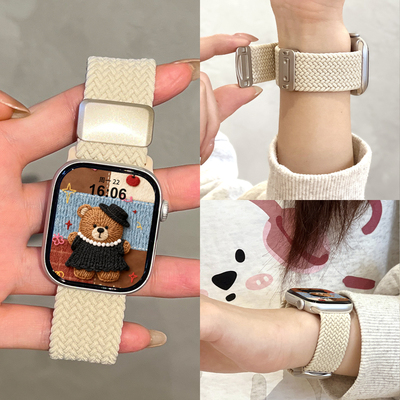 适用iWatchS11苹果手表S10表带applewatch9春夏S10高级感s8磁吸s7尼龙编织se3男款运动ultra女本命新年红腕带