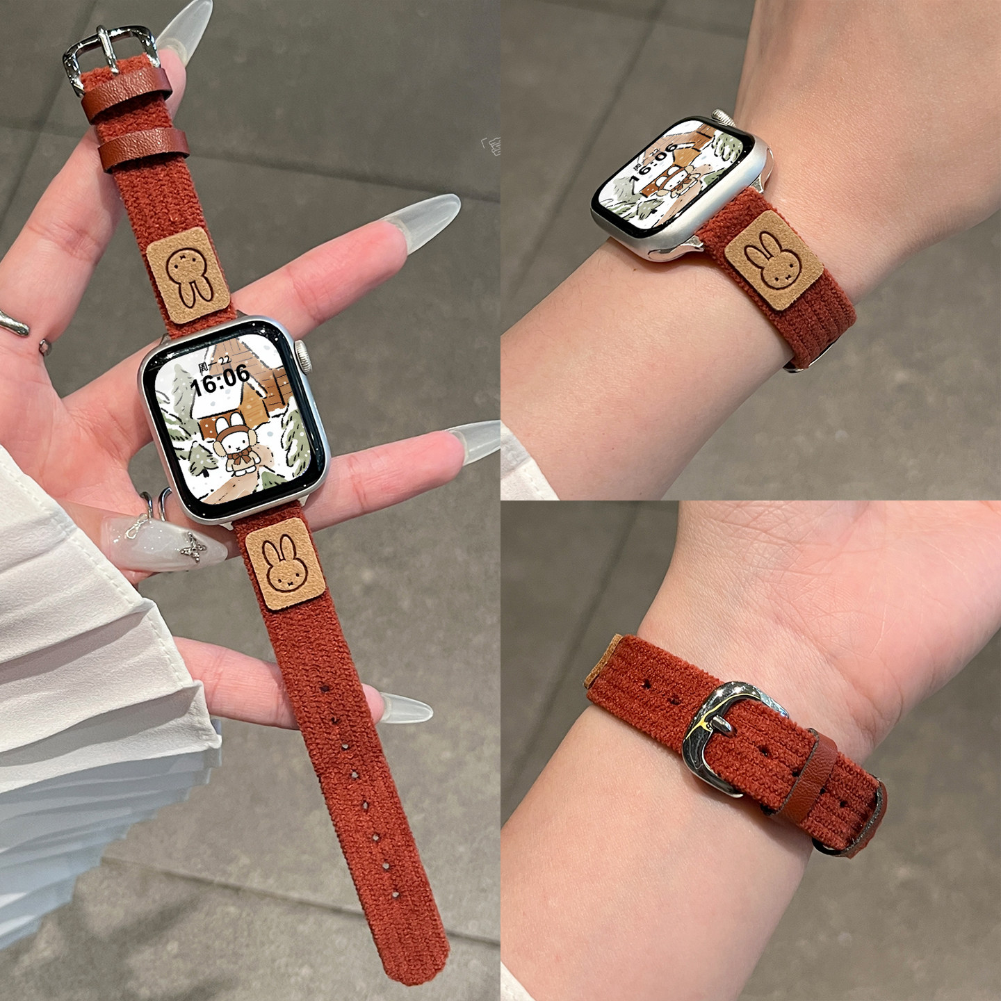 【绒面米菲兔】适用S11苹果表带Apple Watch手表S10灯芯绒SE3卡通可爱S9创意女款绒面表带41mm秋冬新款小众女