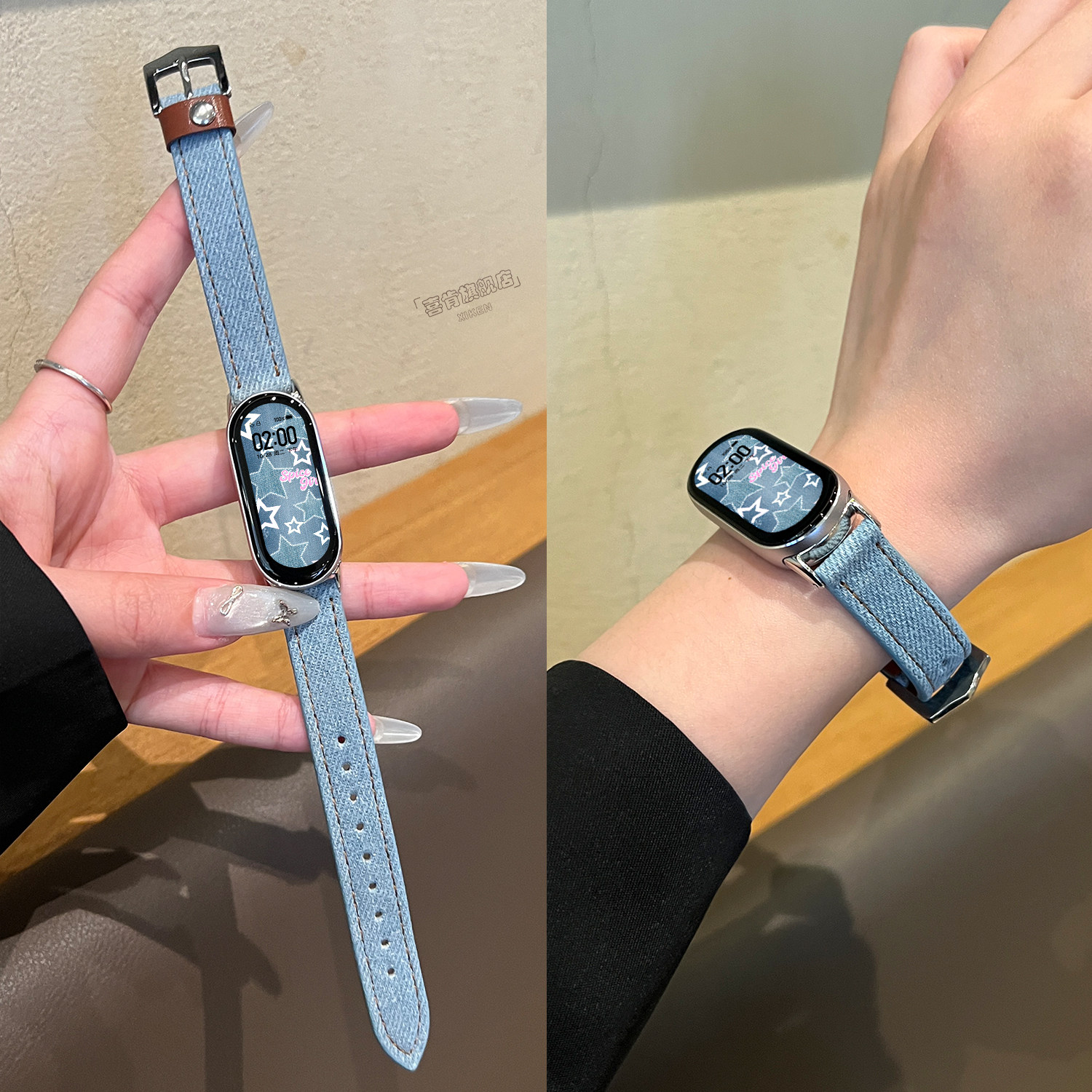 【铆钉牛仔】适用小米手环10表带9腕带8手表带7钉扣6腕带5创意牛仔布料4细款女3智能2小众九代秋冬女款简约