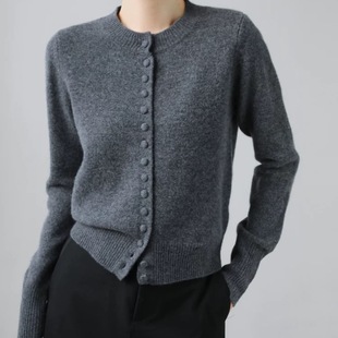 圆领包扣羊绒开衫加厚女修身羊毛衣外套秋冬针织打底衫内搭灰色红