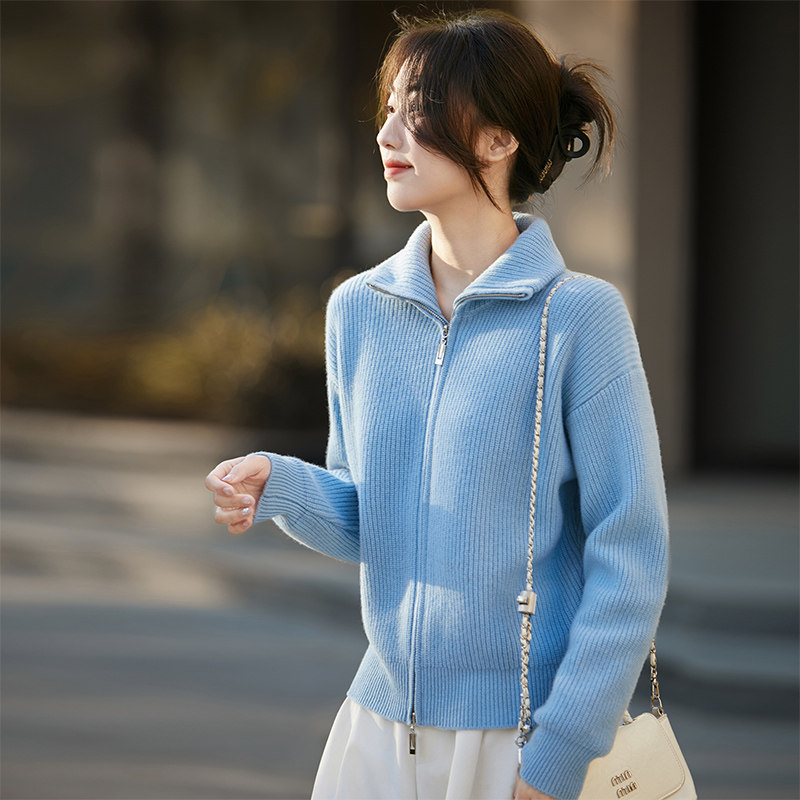 翻领拉链针织全羊毛开衫法式女宽松慵懒毛衣外套羊绒软糯亲肤蓝色,女装/女士精品,毛针织衫,淘宝优惠券,粉丝福利购,淘宝优惠卷