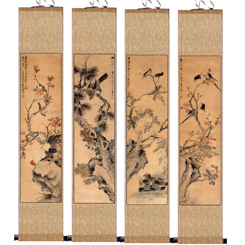 鸟条屏山水画大美女挂画 梅兰竹菊卷轴画春夏秋冬屏风画