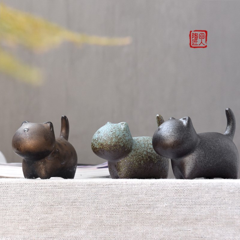 可爱萌宠喵咪窑变小唐马复古摆件陶瓷茶宠创意家居茶道桌面装饰品