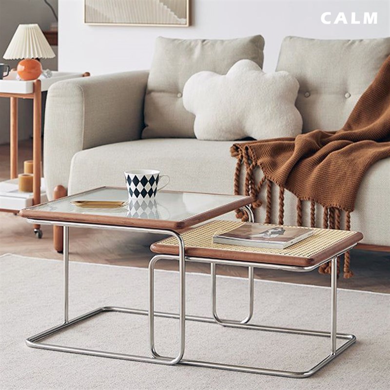 极简中古茶几小户型客厅家具藤编边几日式不锈钢玻璃方矮桌子组合