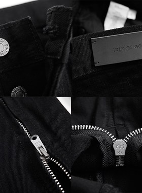 IDLT 修身加长拉链裤脚牛仔裤 重磅 黑色街头 膝盖破洞刀割水洗潮