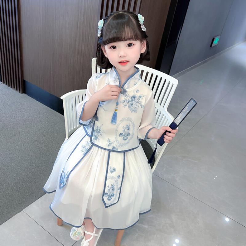 女童汉服春秋款青花瓷两件套裙女儿童运动套装