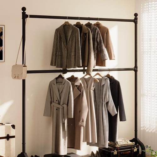家用落地挂衣架卧室简易双层衣帽架可移动服装展示架升降衣服衣架