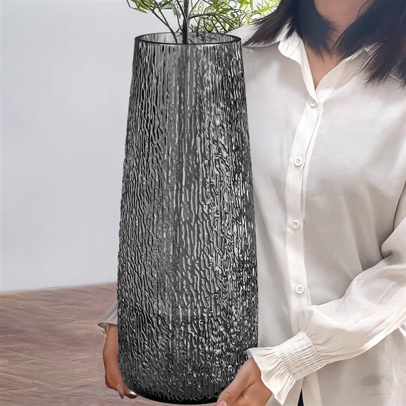 大号落地花瓶玻璃透明马醉木特大号高款插花长枝U烟灰色客厅摆件