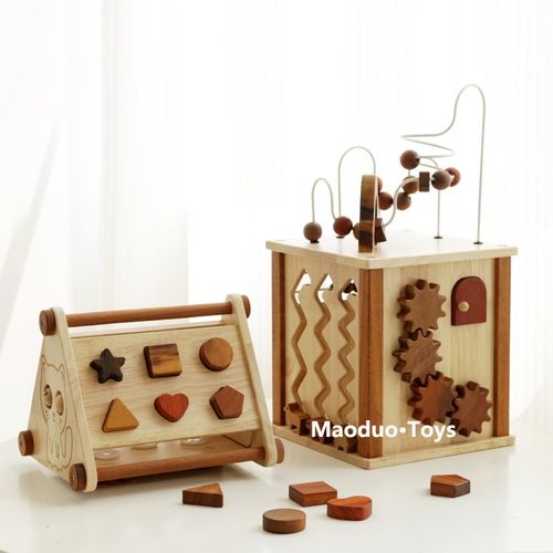 高端实木儿童多功能益智多面体绕珠百宝箱积木配对搭建拉车玩具WB