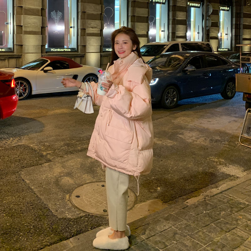 粉色棉服女中长款2024年冬季新款温柔风羽绒棉袄收U腰显瘦连帽棉