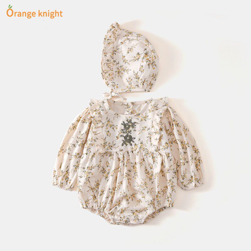 婴儿春装新生女宝宝碎花哈衣幼儿洋气连帽三角P包屁衣网红公主爬