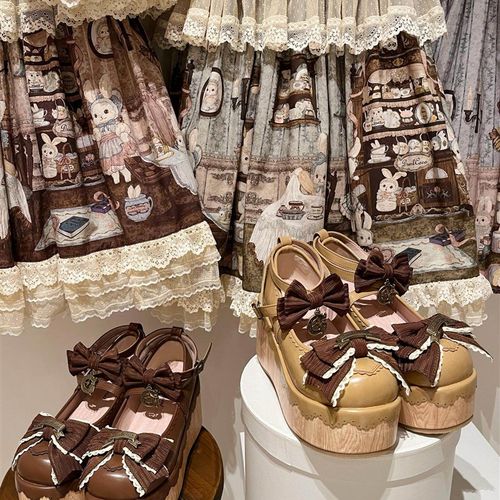 现货丨捉迷藏丨lolita鞋厚底彷木纹可爱圆头蝴蝶结松糕鞋