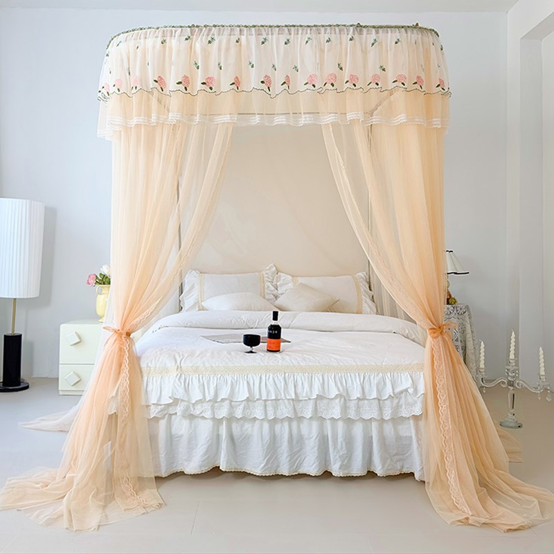 新款可升降导轨蚊帐家用公主风u型轨道三开门加厚不锈钢落地支架