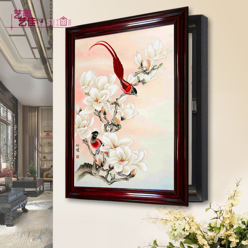 电表箱遮挡装饰画 配电箱客厅中国画 侧开免打孔实木框带钟表壁画