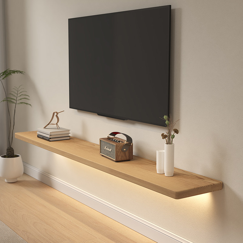 实木墙上置物架悬空电p视机柜收纳层架子一字隔板客厅小户型书架