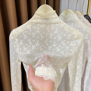秋冬木耳边高领蕾丝打底衫女高级感网纱毛衣叠穿内搭小衫镂空薄纱