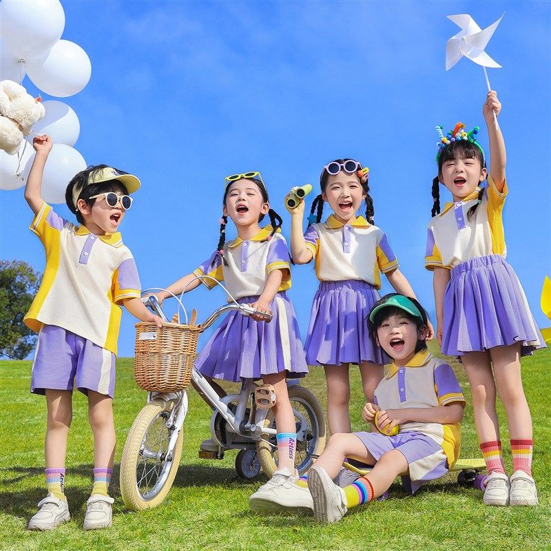 中小学生紫色棒球服校服套装v春夏季四件套儿童班服幼儿园服表演
