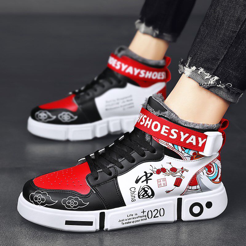 高帮鞋男款冬季加绒加厚保暖男鞋秋季国潮涂鸦休闲帆布二棉鞋鞋子