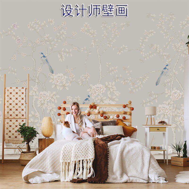 新中式花鸟壁纸客厅电视背景墙纸卧室床头墙壁布法式别墅餐厅墙布