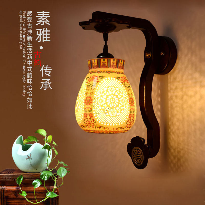 中式壁灯客厅仿古背景墙灯t卧室床头灯陶瓷led楼梯楼道实木壁灯