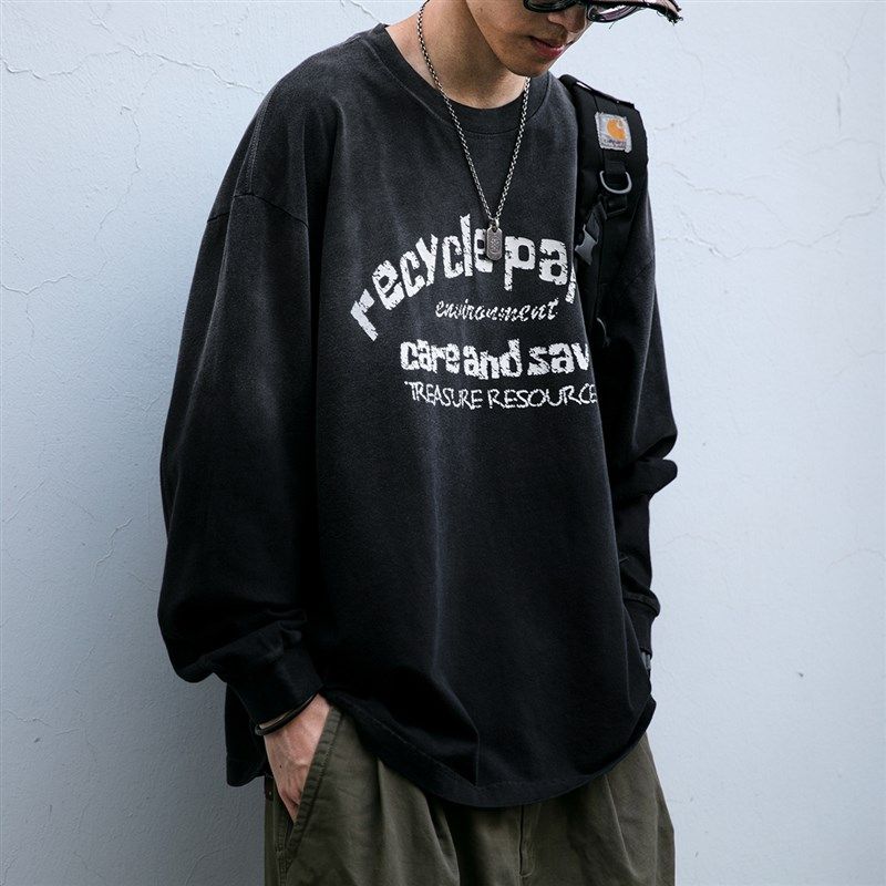 260克水洗渐变爆裂英文印花长袖T恤男春秋新款宽松圆领打底衫