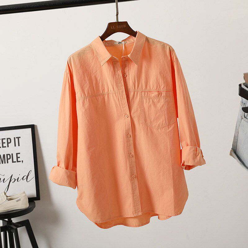 活力桔色纯棉单口袋学生衬衫女2025春装新款百搭打底衬衣前短后长