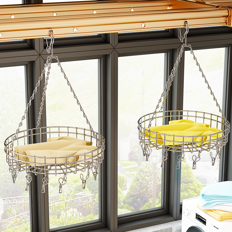 不锈钢晾衣架袜架晒内衣裤阳台多功能圆形晒衣篮防风多夹子家用