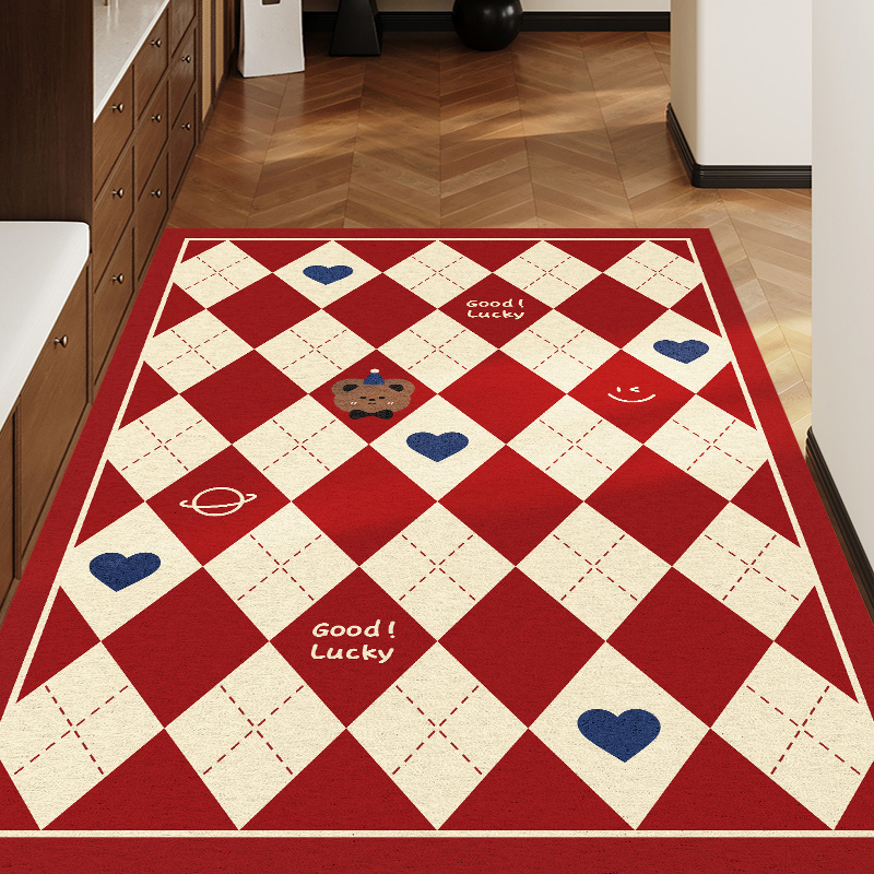 丝圈地垫入户门进门脚垫红色玄关门垫喜庆耐脏可裁剪格子地毯家用