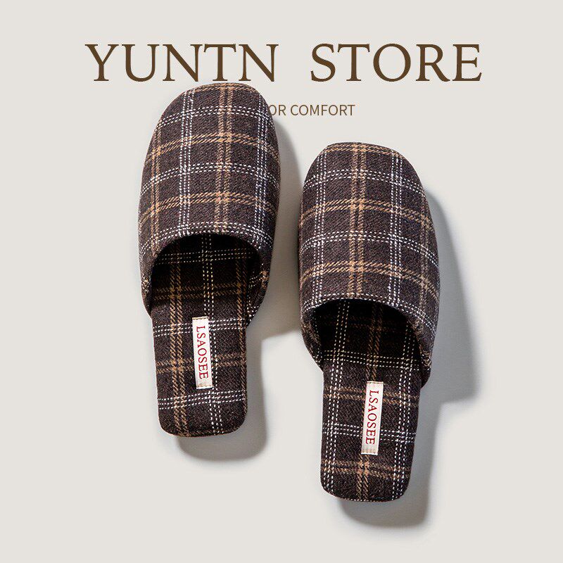 秋冬英伦格子风简约高级感情侣棉拖鞋女透气软底防滑牛筋底室内男