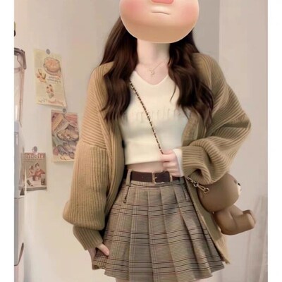 秋冬装搭配一整套小个子炸街慵懒学院风H开衫毛衣百褶裙两件式套