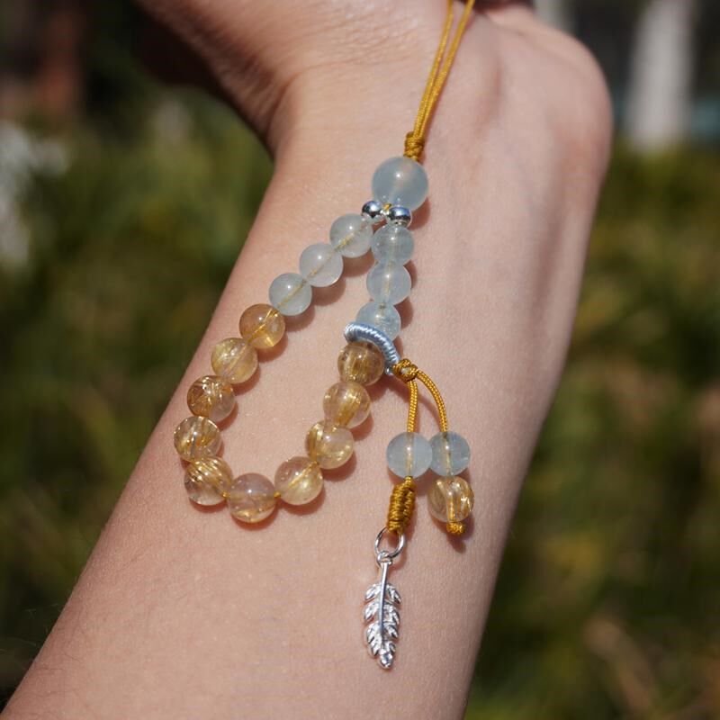 海蓝宝手机挂绳女短款手工串珠银饰挂件天然金发晶指环扣水晶挂饰