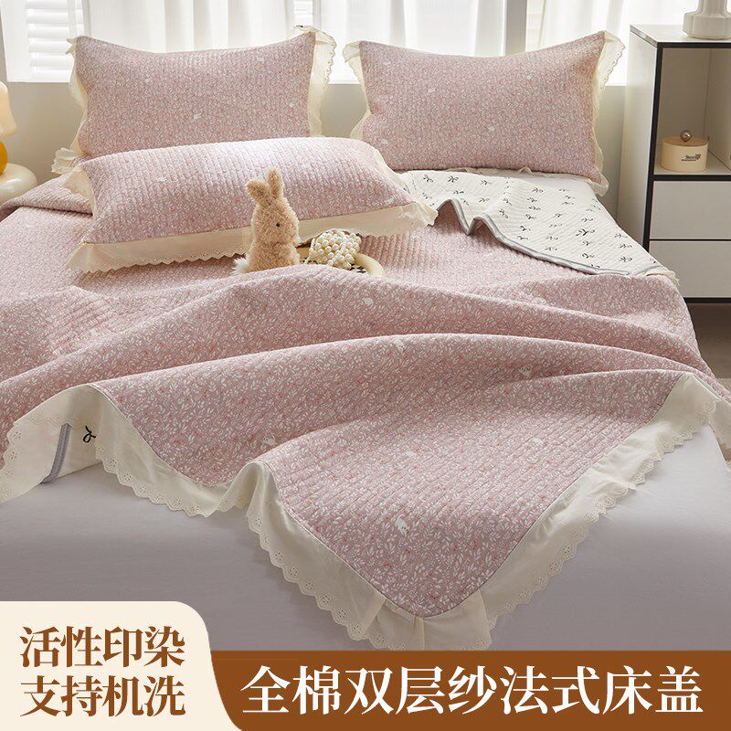 法式花边全棉双i层纱床盖三件套韩式公主风纯棉绗缝加厚床单被单