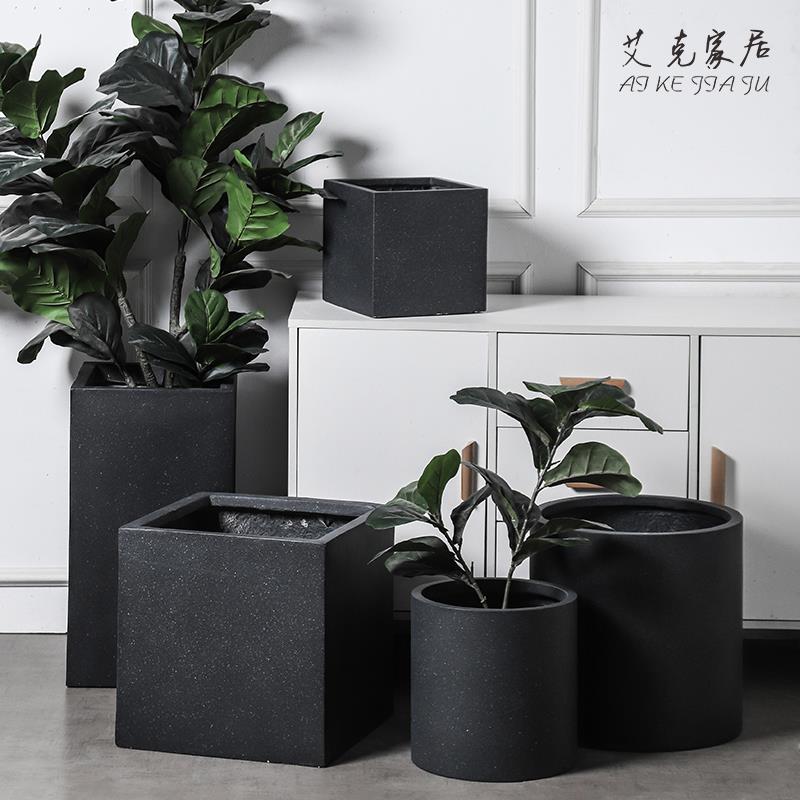黑色北欧创意氧化镁大花盆磨砂方形圆形绿植简约室内落地高款
